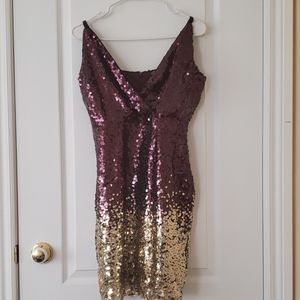 Venus Burgundy & Gold Sequin V-Neck A-Line Dress